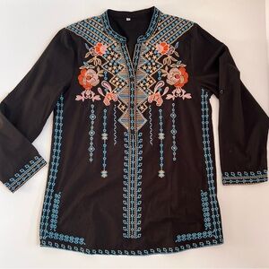 Source Unknown Black Tunic with Blue and Coral Floral Embroidery